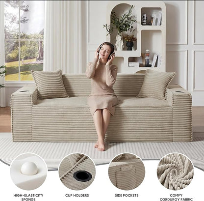 Boneless Sectional Sofa Couch with Cup Holders & Side Pockets, Modern Corduroy Fabric Deep Seat 3-seat Cloud Couch for Living Room Office, No Assembly (Camel)