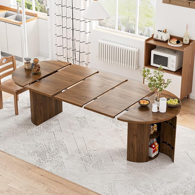 43-95 Inch Oval Extendable Dining Table for 4-10, Fluted Space Saving Long Round Kitchen Table with 3 Leaf, 2 Storage, Mid Century Modern Dining Room Dinner Table for Living Room, Walnut