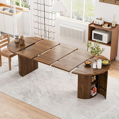 43-95 Inch Oval Extendable Dining Table for 4-10, Fluted Space Saving Long Round Kitchen Table with 3 Leaf, 2 Storage, Mid Century Modern Dining Room Dinner Table for Living Room, Walnut