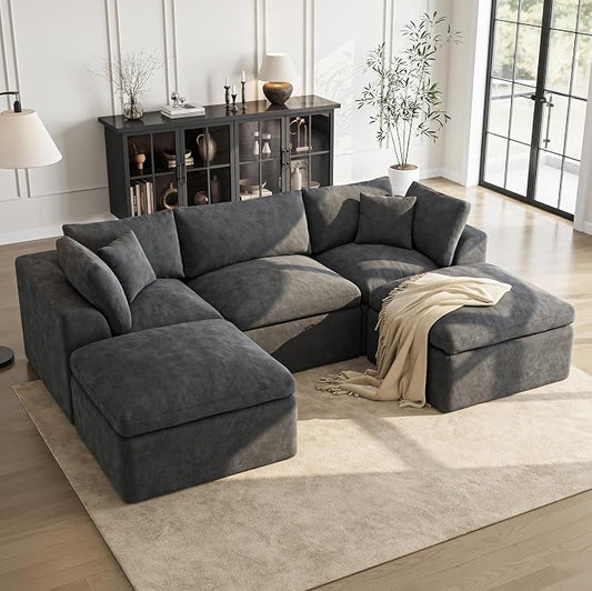 Cloud Sectional Couches for Living Room | 108 Inch U-Shaped Boneless Couch with Ottoman | Dark Grey Modular Sectionals Sofa Couch
