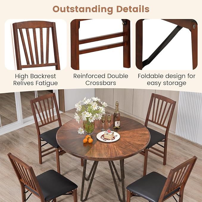 Giantex Folding Dining Chairs Set of 4, Foldable Wood Kitchen Chairs with Padded Seat, Solid Wood Frame, Max Load 400 Lbs, No Assembly Easy to Store Wooden Dining Chairs for Apartment, Small Space