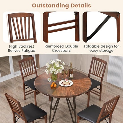 Giantex Folding Dining Chairs Set of 4, Foldable Wood Kitchen Chairs with Padded Seat, Solid Wood Frame, Max Load 400 Lbs, No Assembly Easy to Store Wooden Dining Chairs for Apartment, Small Space