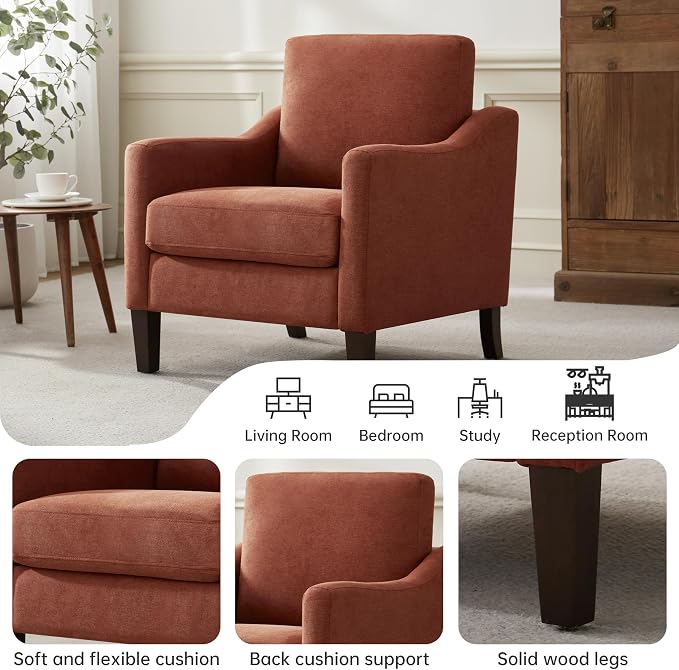 VKNOW Mid Century Modern Accent Chair, Upholstered Living Room Chairs Armchair for Bedroom, Comfy Reading Accent Chairs with Wood Legs for Living Room (1, Orange)