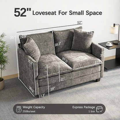 Loveseat Sofa, 52''Modern Cloud Sofa Couch with 27" Deep Seat & 2 Pillows, Comfy Chenille Small Couch for Small Spaces, Apartment, Studio, Bedroom, Living Room (Grey, Loveseat)