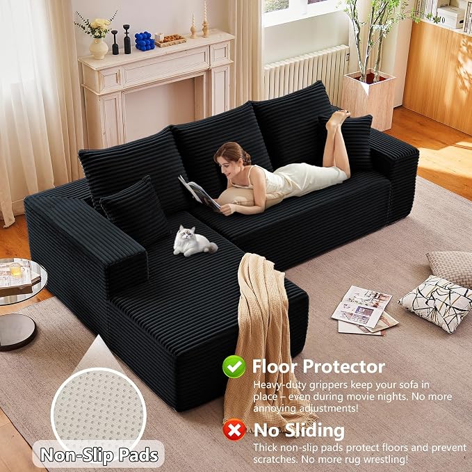 96" Modular Sectional Sofa,Modern Corduroy Cloud Couch,Boneless Couch Upholstered 3-Seater L-Shaped Sofa for Living Room,Couch in a Box No Assembly (Black, Left-Facing Chaise)