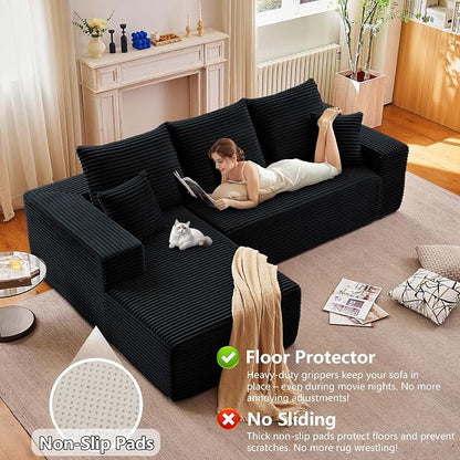 96" Modular Sectional Sofa,Modern Corduroy Cloud Couch,Boneless Couch Upholstered 3-Seater L-Shaped Sofa for Living Room,Couch in a Box No Assembly (Black, Left-Facing Chaise)