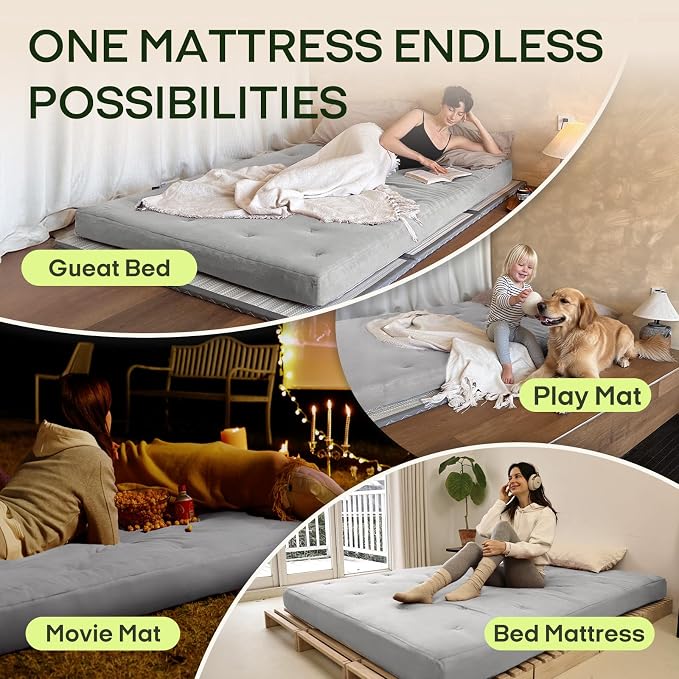 ZonLi Japanese Floor Futon Mattress Twin Size 39"x 75" 100% Cotton Cover 6'' Thicken Tatami Mattress,Foldable Sleeping Pad,Portable Dormitory Tatami Mat,Roll Up Floor Lounger Bed for Adult(Light Grey)