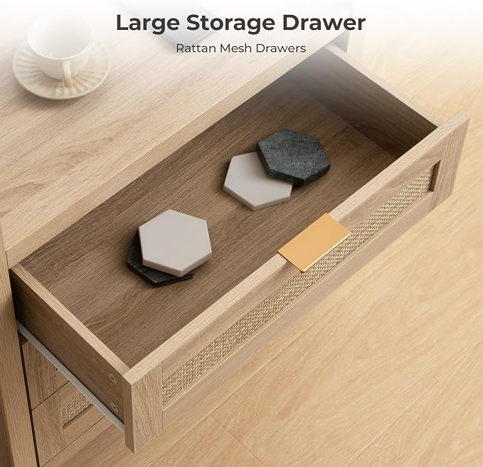 SICOTAS Rattan Nightstand Bedside Table - Larger Night Stand with Type-C Charging Station, 3 Drawers Storage - Boho Night Stands End Table for Bedroom - Light Oak
