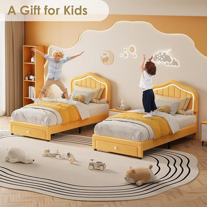 GarveeHome Twin Upholstered Bed Frame with Storage Drawer and Smart Led Headboard, Twin Size Platform Bed Frames for Kids, Wooden Slats Support, No Box Spring Needed, Easy Assembly, Yellow