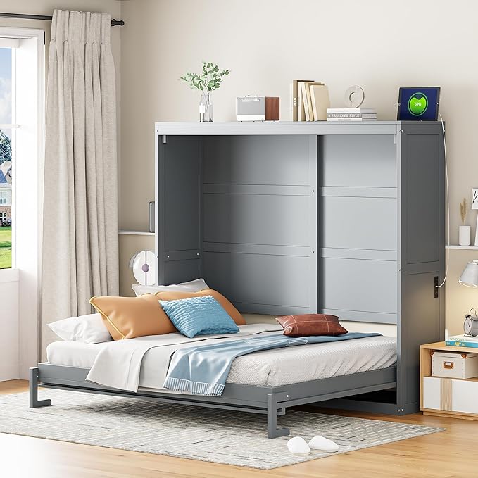 Ball & Cast Murphy Bed Full Size,Wall Beds with Charging Station and Storage Top,Slat Support,Wood Hideaway Cabinet Bedframe w/Leg,can be Folded,Space-Saving,for Small Room,Dorms,Gray