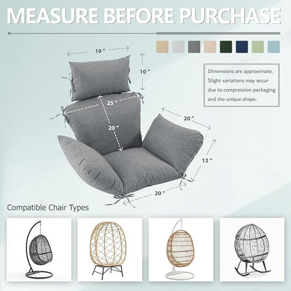 Egg Chair Cushion with 8 Securing Straps, Water-Repellent & Fade-Resistant Faux Linen, Removable Cover, Replacement Cushion for Most Single Outdoor Hanging Swing Egg Chairs – Dark Grey