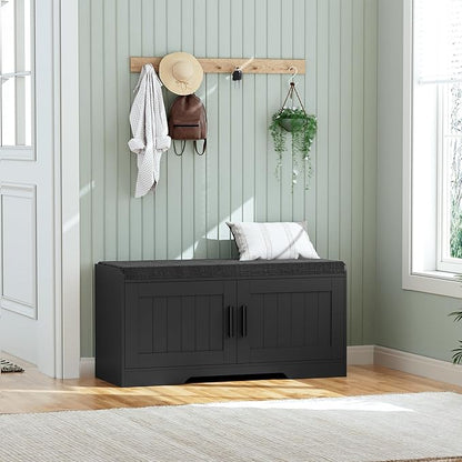 Homleke 2-Tier Storage Bench, Shoe Bench with Thickened Padded Seat Cushion, Entryway Bench with 2 Doors, Adjustable Shelf, 13.8" D x 37.4" W x 18.5" H, for Entryway, Living Room, Bedroom, Black