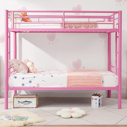 VECELO Metal Bunk Bed Twin Over Twin, Industrial Bunkbeds with Ladder and Full-Length Guardrail, Noise Free, No Boxing Spring Needed, Pink