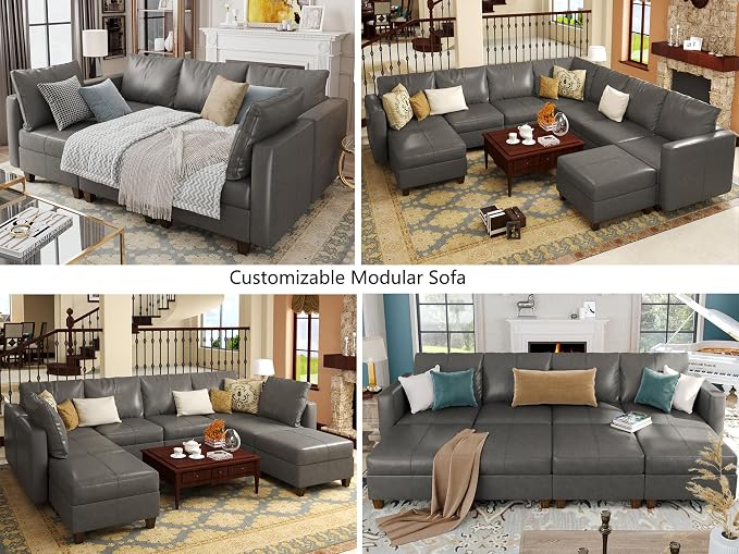 EASE MOOSE Faux Leather Modular Sofa Sectional Sofa Bed with Storage, Faux Leather Sectional Sofa Sleeper Sectional Couch for Apartment
