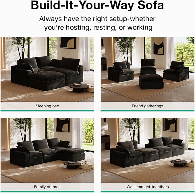 Novilla 104.3" Modular Cloud Couch, Modern Sectional Sofa with Smarts Coil® Support, Chenille Fabric, Upholstered Couch for Living Room Apartments Bedroom, No Assembly, 3 Seater + 1 Ottoman, Dark Grey
