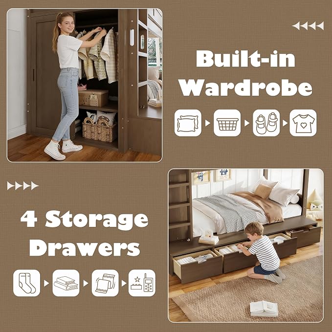 Bellemave Twin Over Twin Bunk Bed with Storage Drawers,Solid Wood Bunk Bed with Built-in Wardrobe,Storage Shelf and Safety Guardrails for Kids Girls Boys,Brown