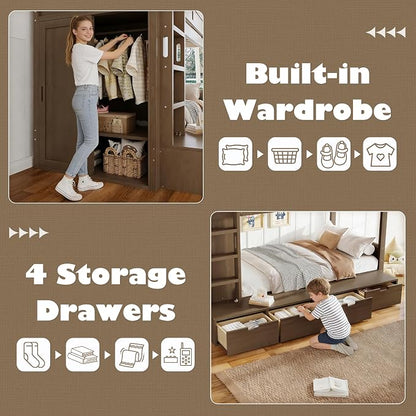Bellemave Twin Over Twin Bunk Bed with Storage Drawers,Solid Wood Bunk Bed with Built-in Wardrobe,Storage Shelf and Safety Guardrails for Kids Girls Boys,Brown