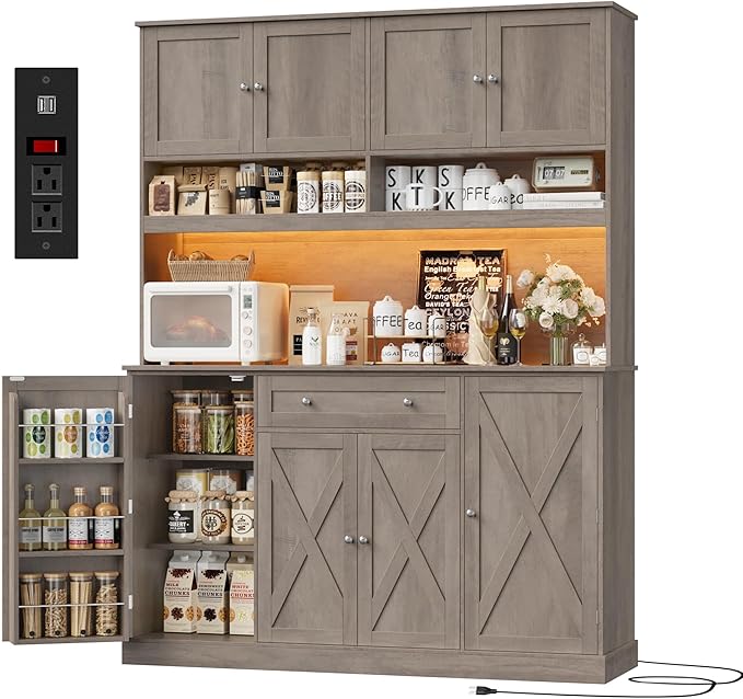HIFIT 72.8” Tall Kitchen Pantry Cabinet with LED & Charging Station, 55” Wide Farmhouse Pantry Cabinet with Microwave Stand&Shelves&Swing-Out Door, Kitchen Hutch Coffee Bar for Living Room, Grey