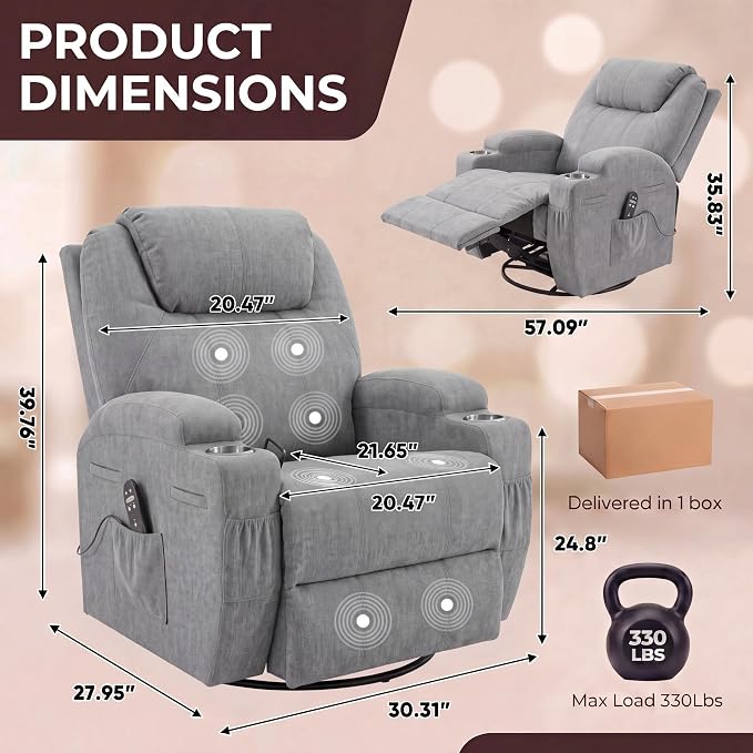JUMMICO Small Swivel Rocker Recliner, 360 Rocking Chair Recliner with Massage, Upholstered Fabric Rocker Recliner with Cup Holder for Living Room, Bedroom, Nursery (Gray)