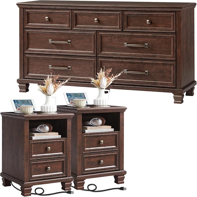 SAVOR LIFE Farmhouse Bedroom Dresser and Nightstand Set, 7 Drawer Dresser & 2 Drawer Nightstand Set, Rustic Wood Bedroom Furniture Set for Home, Hallway, Walnut