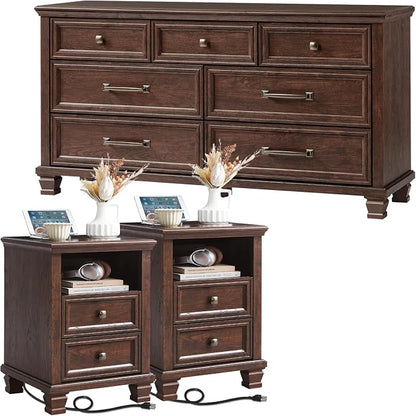 SAVOR LIFE Farmhouse Bedroom Dresser and Nightstand Set, 7 Drawer Dresser & 2 Drawer Nightstand Set, Rustic Wood Bedroom Furniture Set for Home, Hallway, Walnut