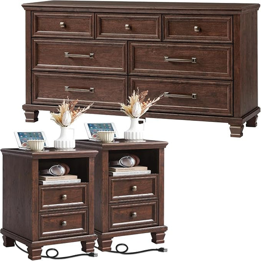SAVOR LIFE Farmhouse Bedroom Dresser and Nightstand Set, 7 Drawer Dresser & 2 Drawer Nightstand Set, Rustic Wood Bedroom Furniture Set for Home, Hallway, Walnut