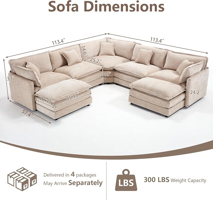 Oversized Modular Sectional Cloud Sofa: 114" V-Shaped Modular Cloud Couch, 7 Seater Comfy Couch with Ottomans and Pillows, Chenille Deep Seat Couch for Living Room,Bedroom,Apartment,Large Space,Camel