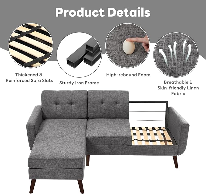 Tbfit L Shaped Couch Sofa, 80" W Mid-Century Modern Sectional Couches, 3 Seater Sofas with Wide Chaise Lounge, Button Tufted Upholstered Sectional Sofa for Living Room, Bedroom, Gray