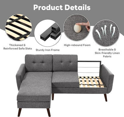 Tbfit L Shaped Couch Sofa, 80" W Mid-Century Modern Sectional Couches, 3 Seater Sofas with Wide Chaise Lounge, Button Tufted Upholstered Sectional Sofa for Living Room, Bedroom, Gray