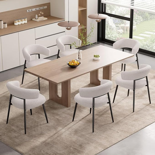 Dining Chairs Set of 6, Mid Century Modern Kitchen Chairs, Boucle Upholstered Dining Chair with Curved Backrest & Metal Legs for Kitchen Dining Room, White