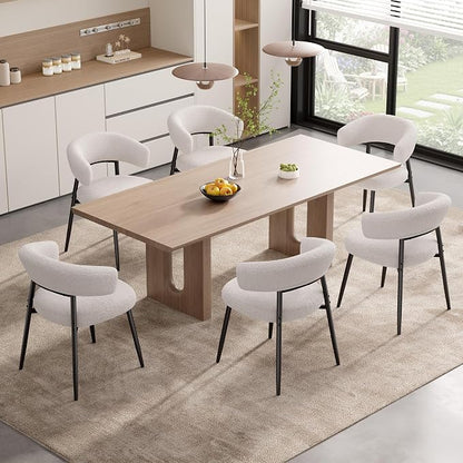 Dining Chairs Set of 4, Boucle Upholstered Dining Room Chair with Curved Backrest & Metal Legs, Mid Century Modern Round Kitchen Chairs, White