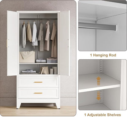 Washsemba 71'' Farmhouse Metal Wardrobe Cabinet with Hanging Rod, 2 Barn Door Wardrobe Closet with Adjustable Shelves,2 Drawer,for Dining Room,Bedroom,Living Room, Cloak Room,Office (White)
