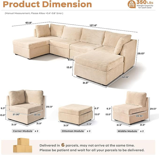ovios Modular Sectional Sofa Couch with U-Shape Chaise Ottomans, Comfy Plush Corduroy Cloud Couches, Modern Luxury Deep Seat Sofas Set for Living Room, 6-Seater, Beige