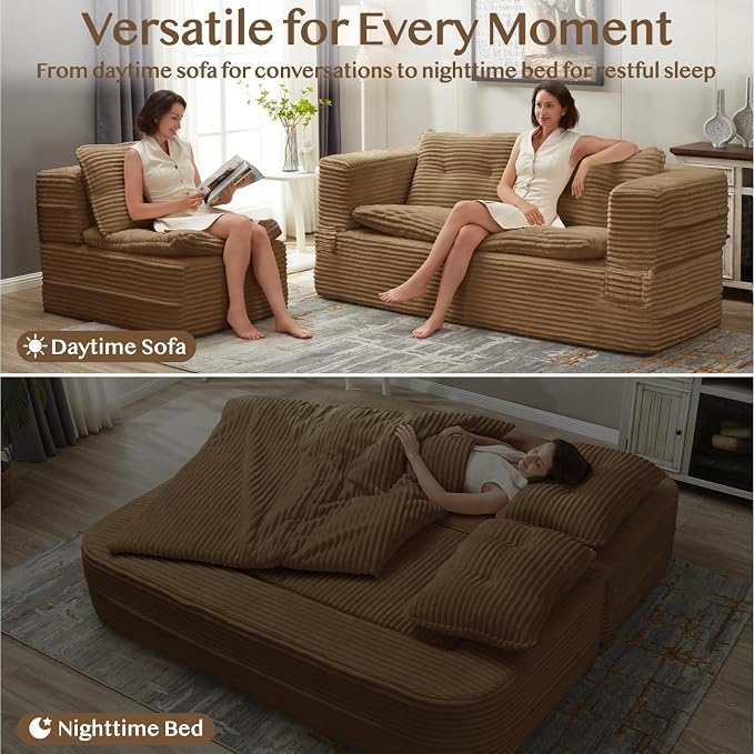 80'' Futon Sofa Bed, King Size Foldable Sleeper Sofa, Corduroy Boneless Loveseat Couch with Chaise Lounge, 3 Pillows, Blanket, Upholstered Sectional Couches for Living Room, Bedroom, Camel