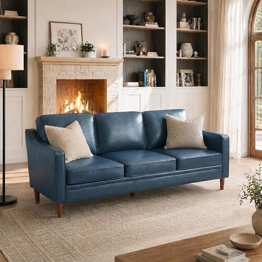 Kingfun 80" Faux Leather Sofa, 3 Seater Couch, Mid Century Modern Couches with Solid Wood Legs for Living Room Bedroom