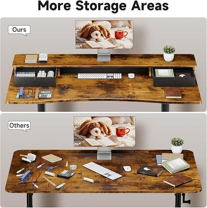 Veken 47.2"×27.6" Standing Desk with Storage Drawers, Adjustable Height Computer Table with Monitor Shelf, Home Office Desk for Study, Gaming, Workstation, Brown | Stand up Computer Desk for Home Office, Work & Study, with Storage, 3 Memory Presets, Ca...