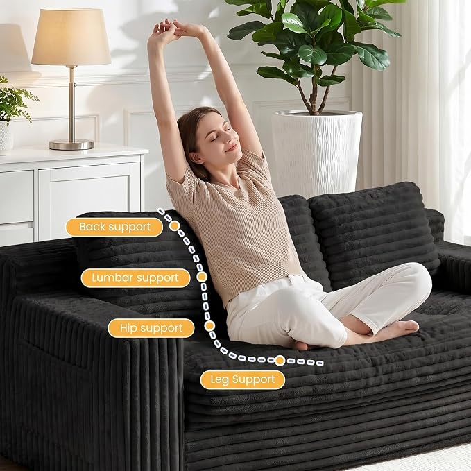 Boneless Couch, Cloud Loveseat Sofa Corduroy Couch in a Box, Upholstered Boneless 3 Seater Couch for Living Room Bedroom Office Apartment, No Assembly Required, Black