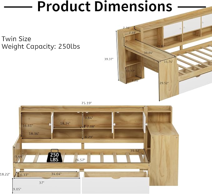 Bellemave Twin Corner Bed Frame, Twin Size Corner Beds with Storage Cabinets and Desk, Wood Daybed with Bookcase and Drawers, Natural+White
