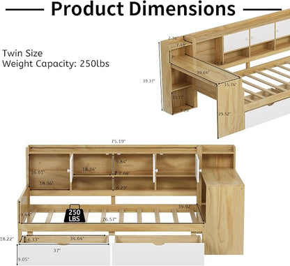 Bellemave Twin Corner Bed Frame, Twin Size Corner Beds with Storage Cabinets and Desk, Wood Daybed with Bookcase and Drawers, Natural+White