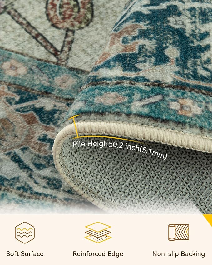 RELEANY Area Rugs Round 8ft Washable Non-Slip, Floral Vintage Distress Medallion Carpet for Living Room Bedroom Dining Room, Dark Blue Vintage