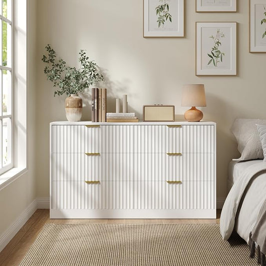 White 6 Drawer Dresser for Bedroom, 55" Wide Fluted Chest of Drawers with Gold Metal Handles, Wood Dresser Storage Organizer Mid Century TV Stand for Living Room Closet Hallway
