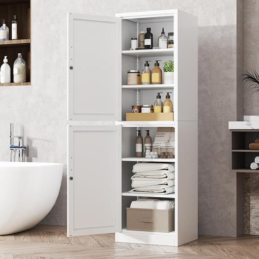 Tall Metal Narrow Bathroom Storage Locker Cabinet 67" H, Tall White Pantry Cabinets with 4 Adjustable Shelves and 2 Lockable Doors for Kitchen, Home Office, Living Room, Dining Room