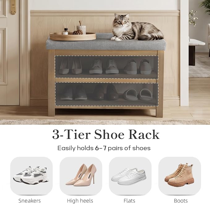 Zihanhome Shoe Rack Bench with Cushion, 2 Tier Solid Wood Storage Bench, Mid-Century Modern Shoe Bench for Entryway, Hallway, Closet, Front Door Entrance, Foyer (Grey, 31.5")