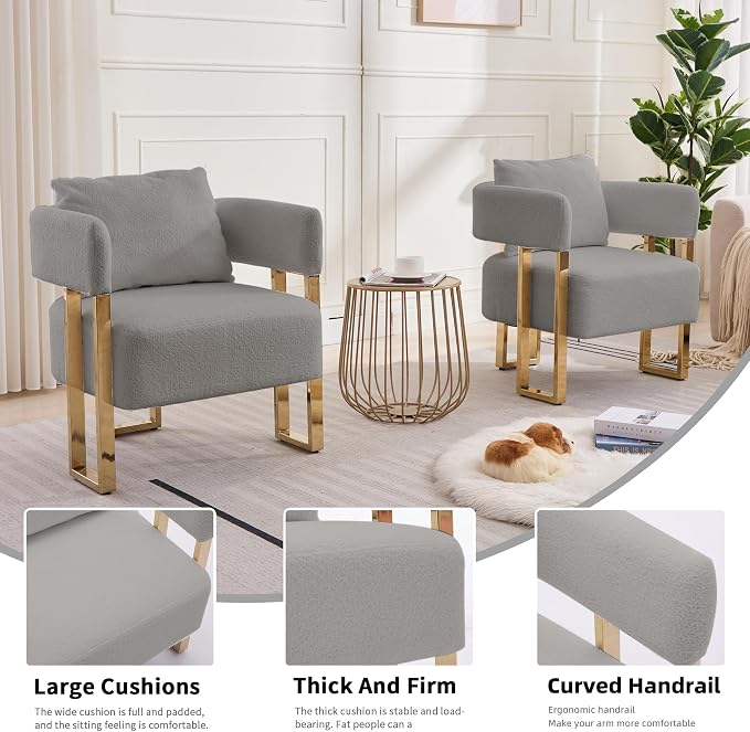 YISHENG Modern Barrel Accent Chairs Set of 2, Living Room Side Chairs with Golden Metal Legs Soft Teddy Upholstered Reading Armchairs no Wheels for Vanity/Reception Room//Bedroom/Lounge/Office, Grey
