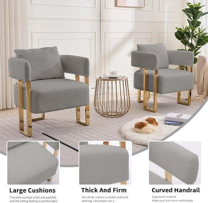 YISHENG Modern Barrel Accent Chairs Set of 2, Living Room Side Chairs with Golden Metal Legs Soft Teddy Upholstered Reading Armchairs no Wheels for Vanity/Reception Room//Bedroom/Lounge/Office, Grey