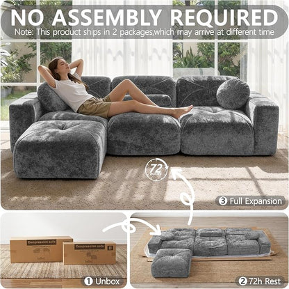 112" Modular Sectional Cloud Couch, L Shaped Sofa Boneless Couches with Movable Ottoman, 3 Deep Seat Modern Comfy Velvet Sofa for Living Room, Bedroom, Apartment (Grey)