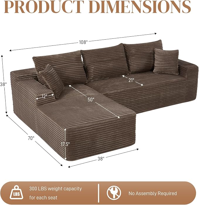 108" L Shaped Cloud Boneless Sectional Couches for Living Room, Modern Comfy Modular Deep Seat Memory Foam Compressed Corduroy Sofa Oversized Left Facing Chaise, No Assembly Required, Brown