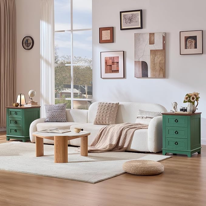 Joaxswe Farmhouse Night Stand Set of 2, 18" End Table with 3 Drawer Metal Handle, Sofa Bed Side Table Chest of Drawers,Wood Nightstand Cabinet for Organizer, Living Room-Green