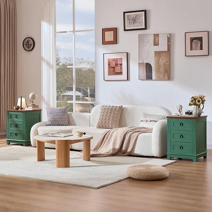 Joaxswe Farmhouse Night Stand, 18" End Table with 3 Drawer Metal Handle, Sofa Bed Side Table Chest of Drawers,Wood Nightstand Cabinet for Organizer, Living Room-Green