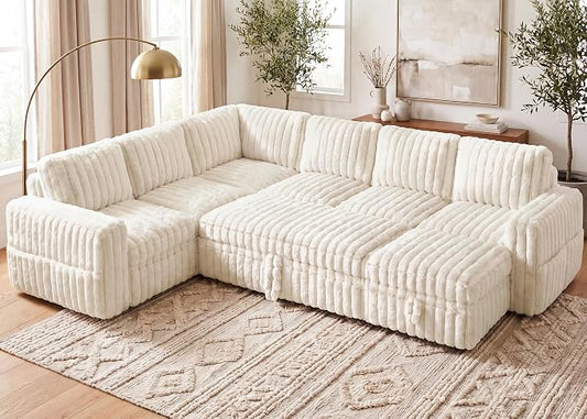 HONBAY Plush Corduroy Modular Sectional Sofa with Pull Out Bed, Convertible U Shaped Couch with Storage,Sleeper Sectional Couches for Living Room,Plush Beige